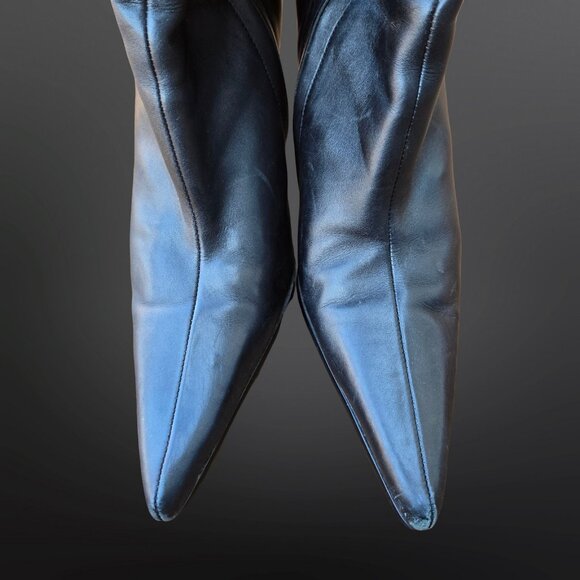 Y2K Aldo Black Leather Boots Pointed Toe Heels Size 37 US 6.5 Snap Buttons - Picture 5 of 10